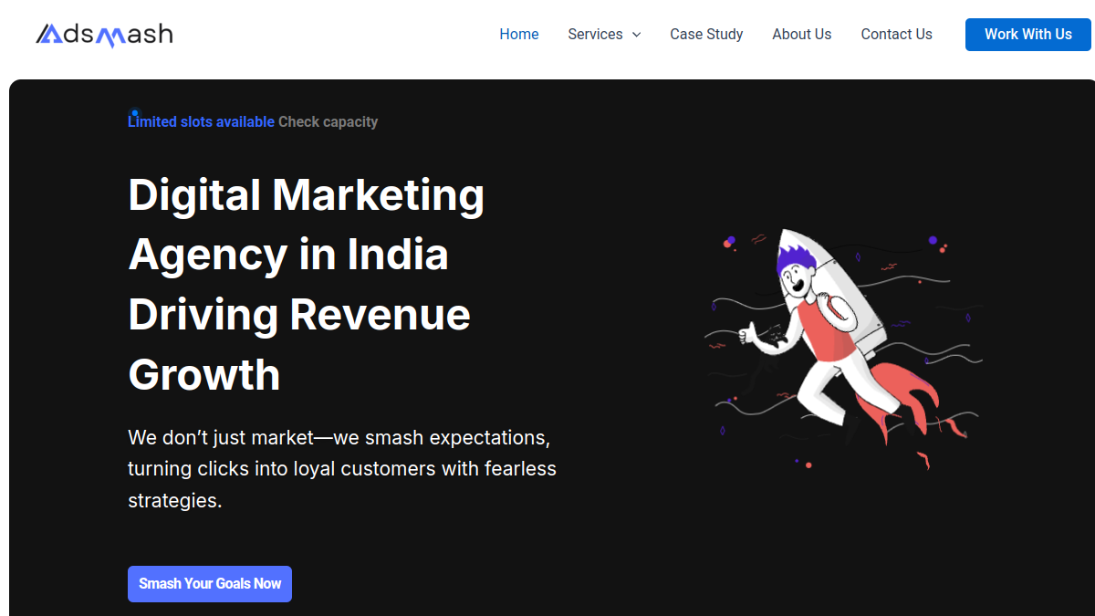 Ads Smash Marketing digital agency website homepage — WordPress lead-generation site by Ask Freelancer