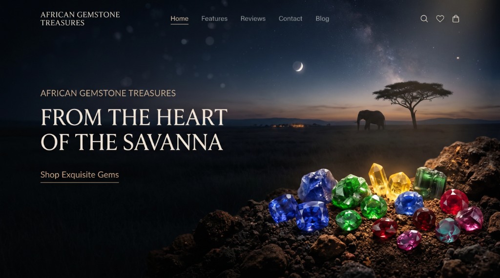 Gemstone Treasures luxury e-commerce hero banner — savanna-inspired brand web design by Ask Freelancer