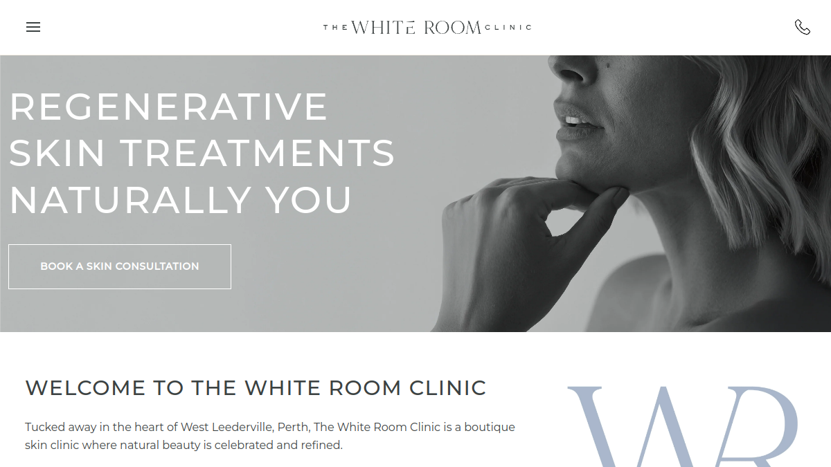 The White Room Clinic aesthetic clinic Shopify store homepage — premium e-commerce site by Ask Freelancer